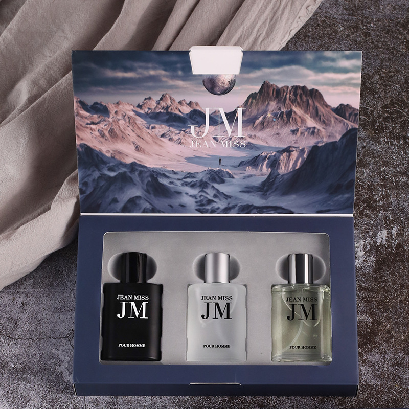 Fragrance Perfume Box - 3-teiliges Herren-Eau-de-Toilette-Geschenkset, geprägtes quadratisches Flakon, holzig-wasseriger